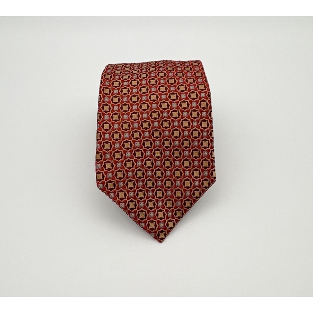 Joseph Abboud Silk Necktie Geometric Pattern In Red Gold & Blue Repeating Design